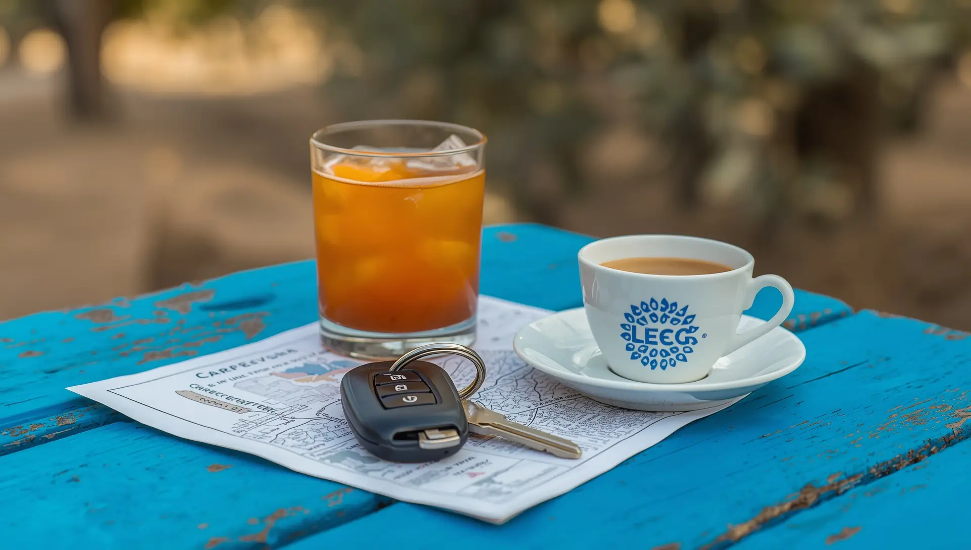 Chiavi auto, mappa e accessori da viaggio per rappresentare offerte noleggio a Corfu