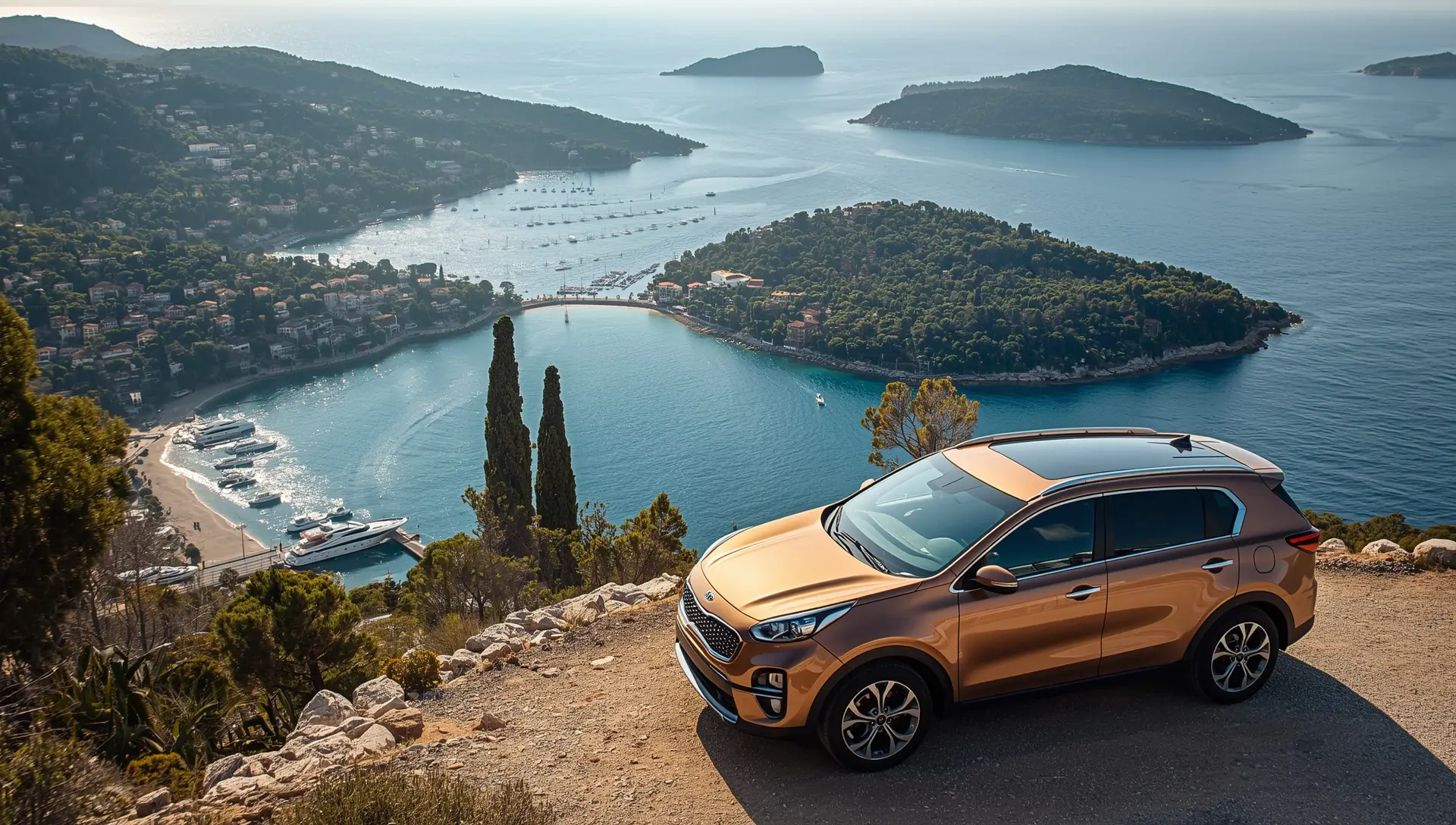 SUV bianco su strada costiera di Corfu con mare sullo sfondo